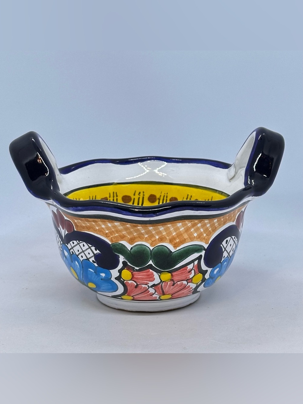 Small Mexican Talavera 6.25” Handled Bowl Cancun Souvenir Pue Mex Puebla Mexico